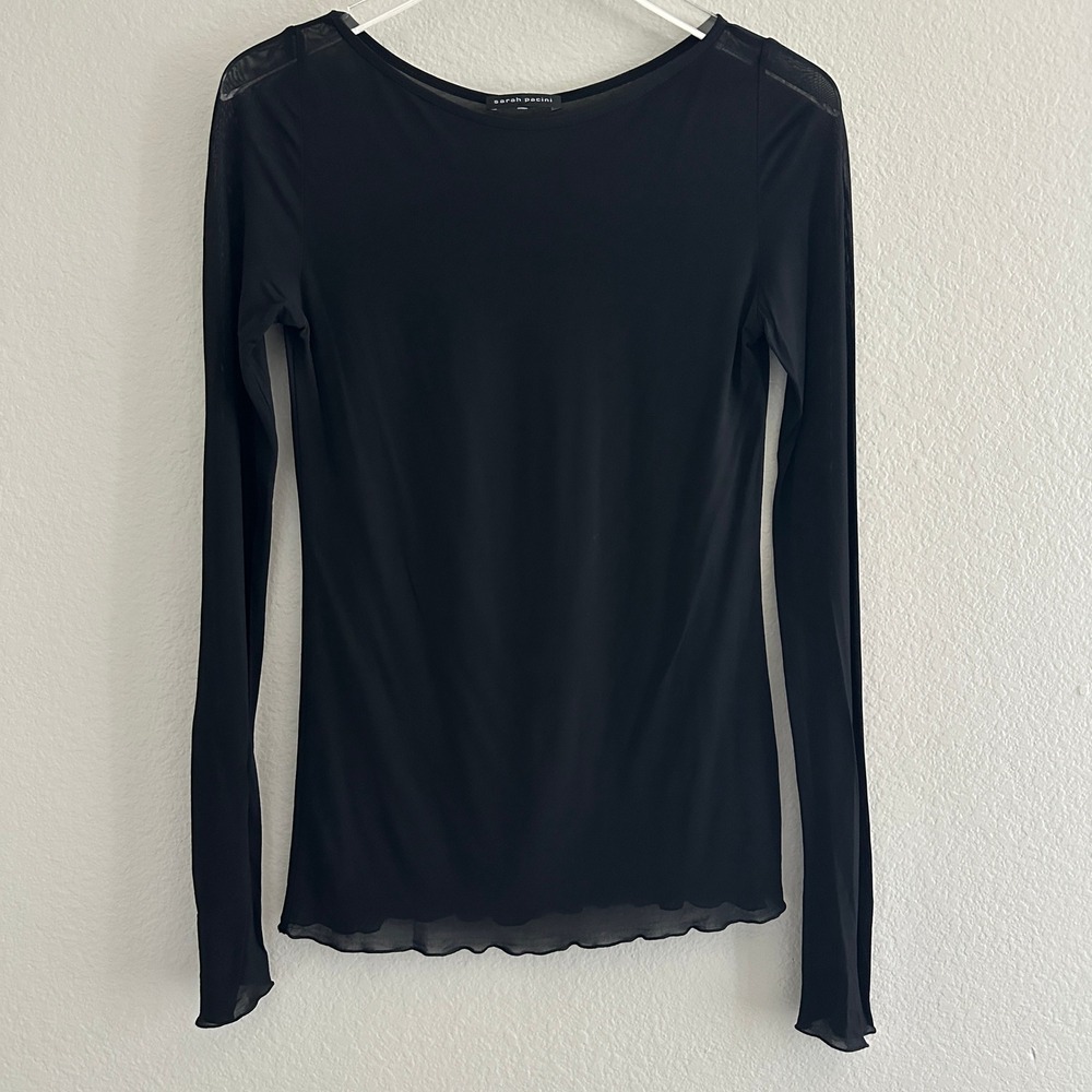 Sarah Pacini Mesh Top Womens XS? Black Sheer Long Sleeve Lettuce Edge Italy